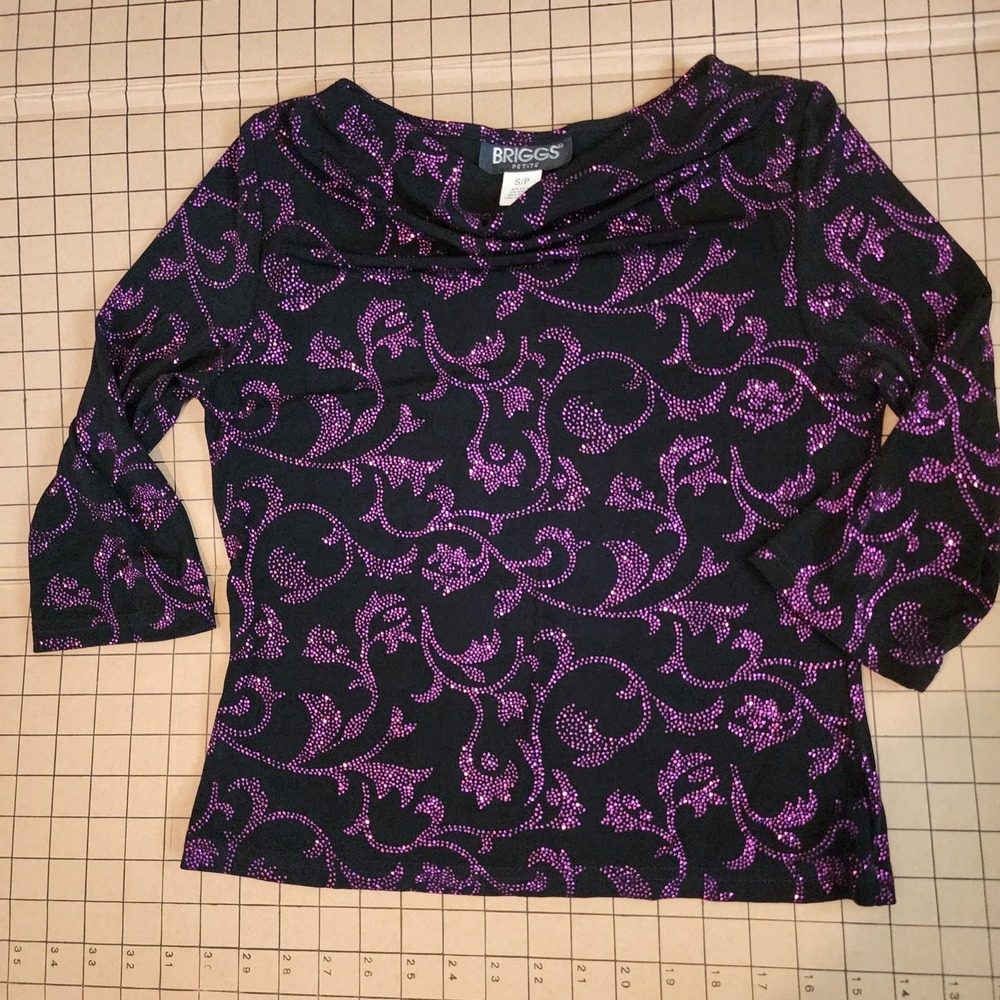 Briggs Petite Vintage Black Cowl Neck Blouse Purple Glitter Paisley USA Made PS